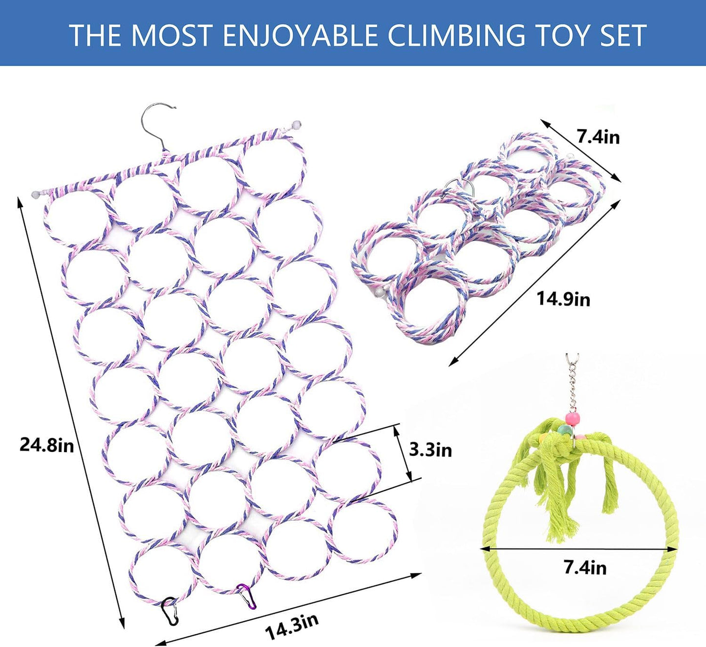 3 Pack Swing Hanging Toys,Bird Climbing Rope Net Ladders Small Medium Pet Activity Toy Suitable for Parakeet,Cockatiel,Cockatoo,Hamster,Rat,Ferret(Random Color)