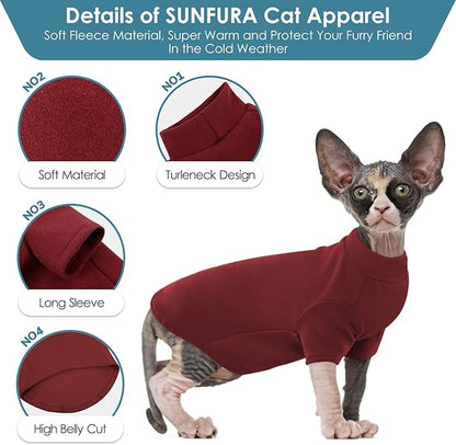 SUNFURA Turtleneck Sweater for Cat, Sphynx Hairless Cats Shirt Sweaters with Sleeves, Warm and Soft Kitten Pullover Fleece Winter Pajamas Jumpsuit for Puppy, Burgundy XL