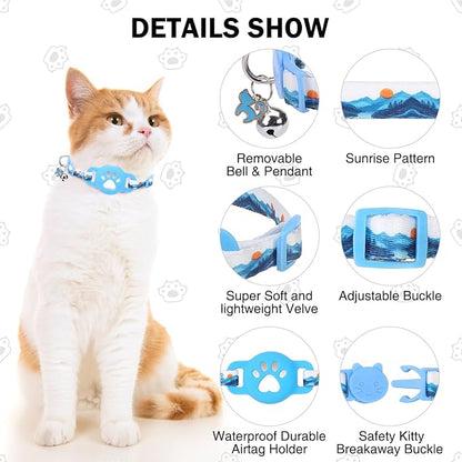 Airtag Cat Collar Breakaway, Cute GPS Cat Tracker Collars with Air Tag Holder, Safety Cat Collars with Bell & Pendant for Girl Boy Cats, Blue