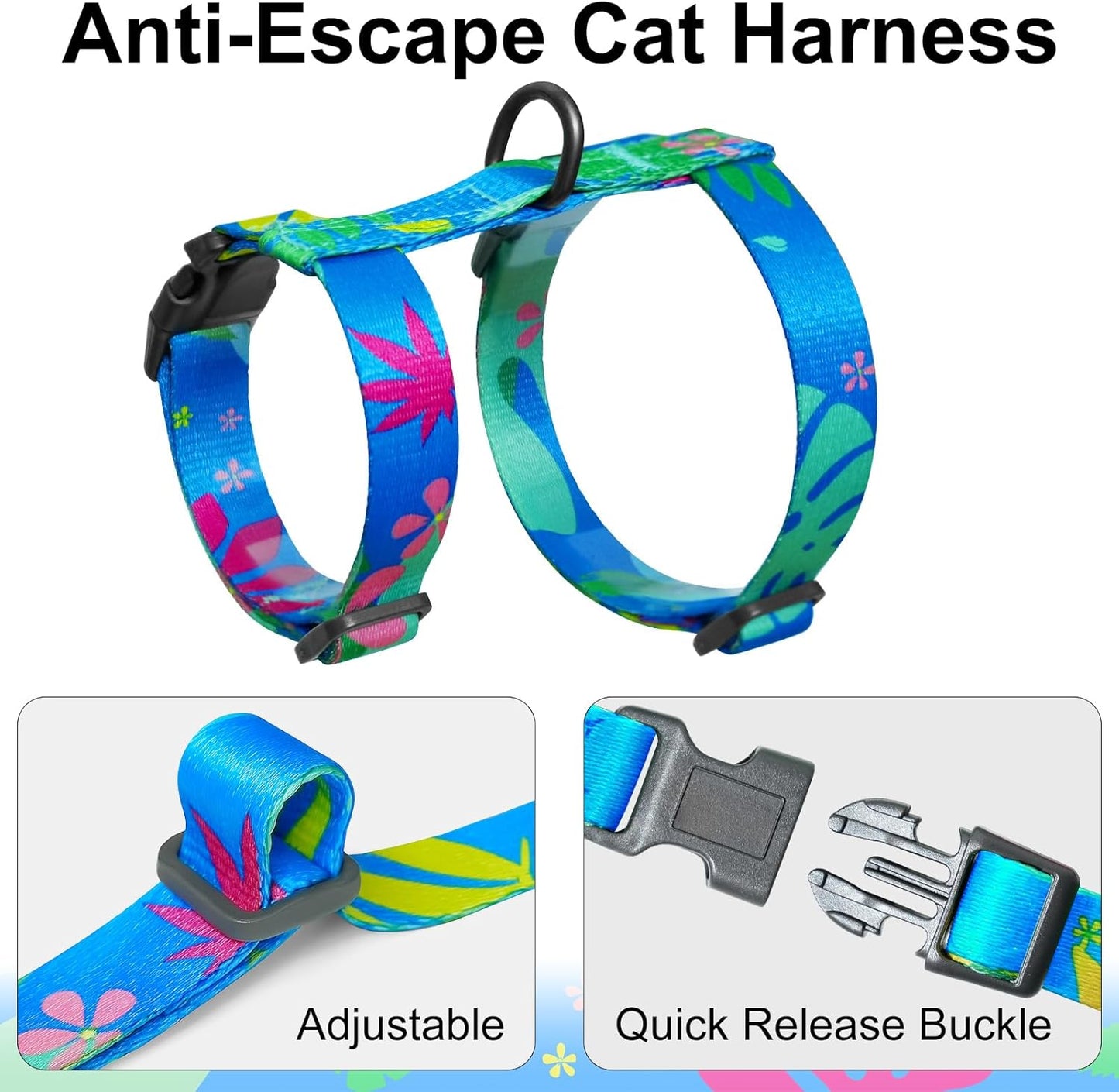 Cat Harness and Leash Set with Matching Collar – Escape Proof Harness for Cats, Adjustable & Lightweight, Tropical Hawaiian Leaf Print, Easy Wear for Outdoor Walking & Training