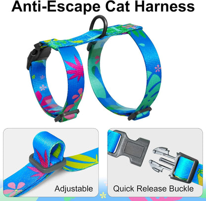 Cat Harness and Leash Set with Matching Collar – Escape Proof Harness for Cats, Adjustable & Lightweight, Tropical Hawaiian Leaf Print, Easy Wear for Outdoor Walking & Training