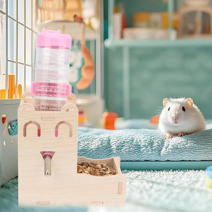 2 in 1 Hamster Hanging Water Bottle Pet Auto Dispenser with Base for Hamster Mice Gerbil Hedgehog (Smile Wooden)