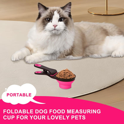 Collapsible Silicone Dog Food Scoop Foldable Pet Food Measuring Cup with Bag Clip 3 in 1 Multi-Function Silicone Dog Food Scooper (Rose Red, Small)