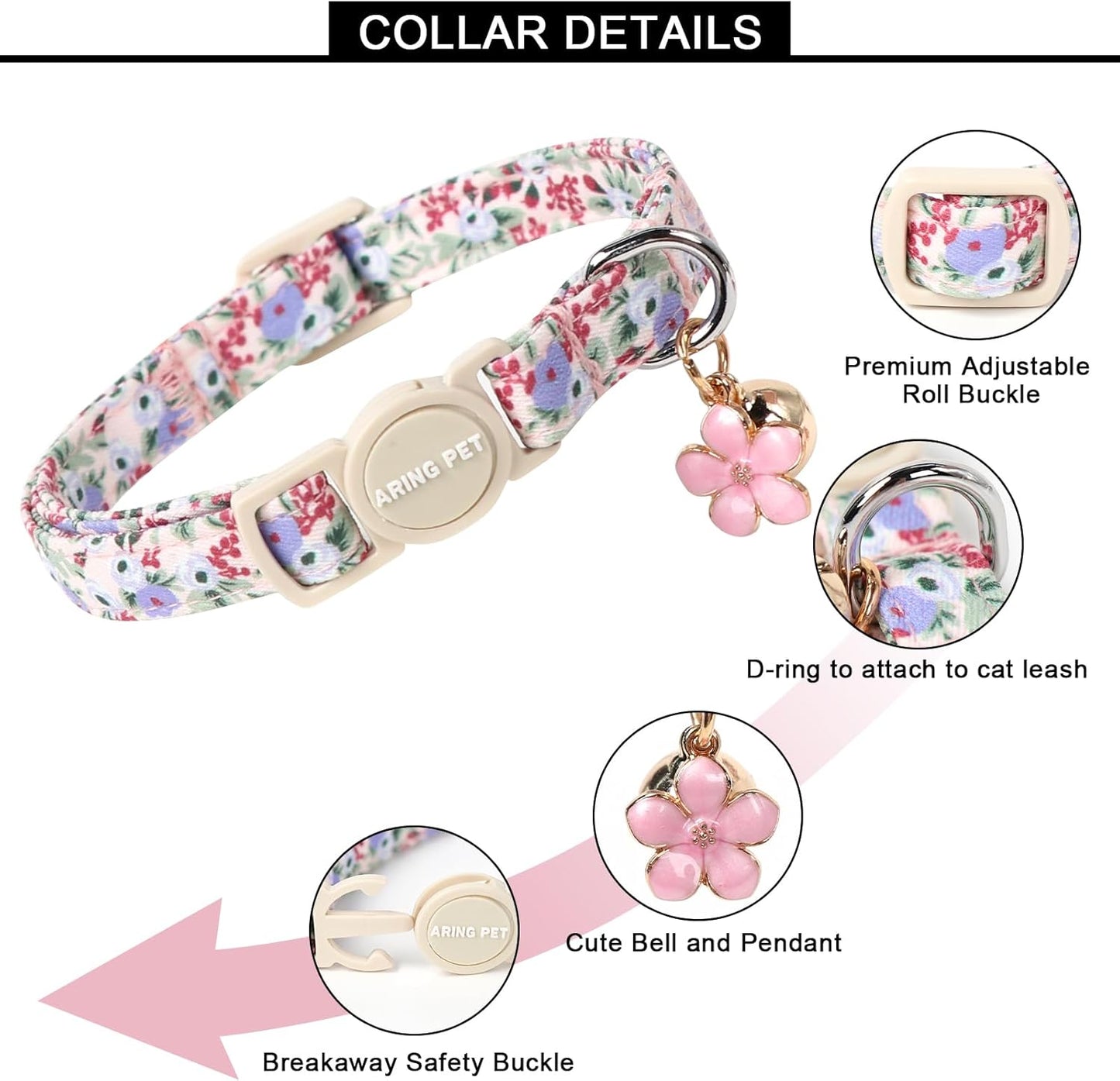 ARING PET 2 Pack Cat Collar-Cute Kitty Collars with Bell & Pendant, Adjustable Floral&Strawberry Kitten Collars with Safety Buckle for Girl and Boy Pets