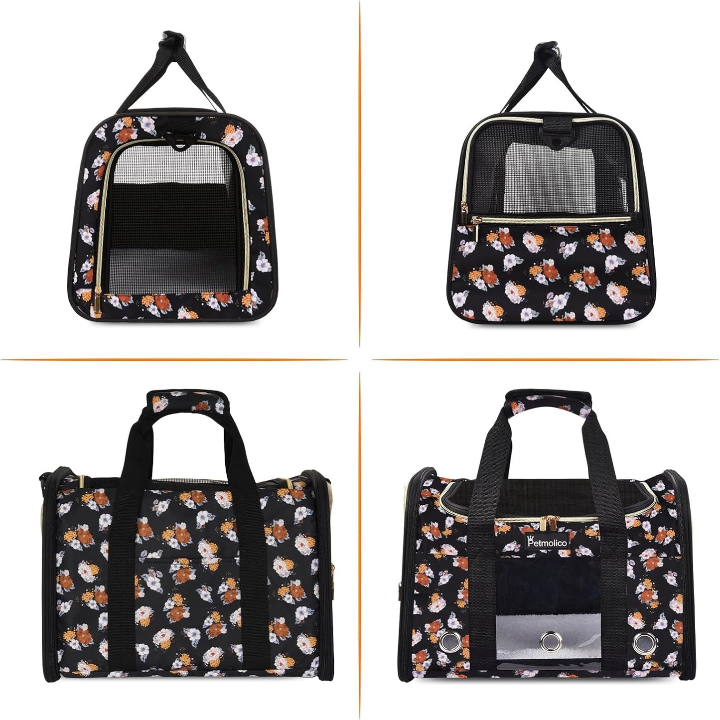 Petmolico Cat Carrier Dog Carrier, Airline Approved Soft Pet Travel Carrier with 3 Open Doors Mesh Windows for Cats Puppy 16 lbs(Large,Orange Flower)