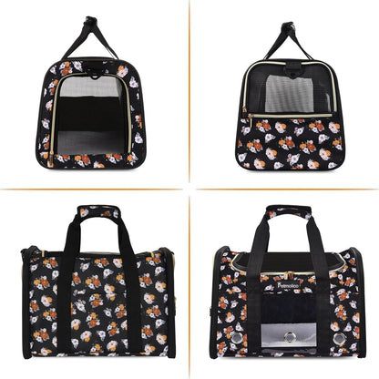 Petmolico Cat Carrier Dog Carrier, Airline Approved Soft Pet Travel Carrier with 3 Open Doors Mesh Windows for Cats Puppy 16 lbs(Large,Orange Flower)