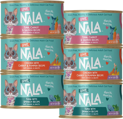 LOVE, NALA - Natural Adult Cat Wet Food - Pate Variety Pack - Tuna, Chicken, Tuna and Salmon - Grain Free, Non-GMO, Fiber Blend, Minerals, Vitamins - 12 Pack 2.1 lbs.