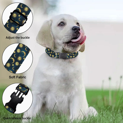 Gold Sun Moon Stars Dog Collar Pet Neck Strap for Small Medium Large Dogs Soft Adjustable Buckle