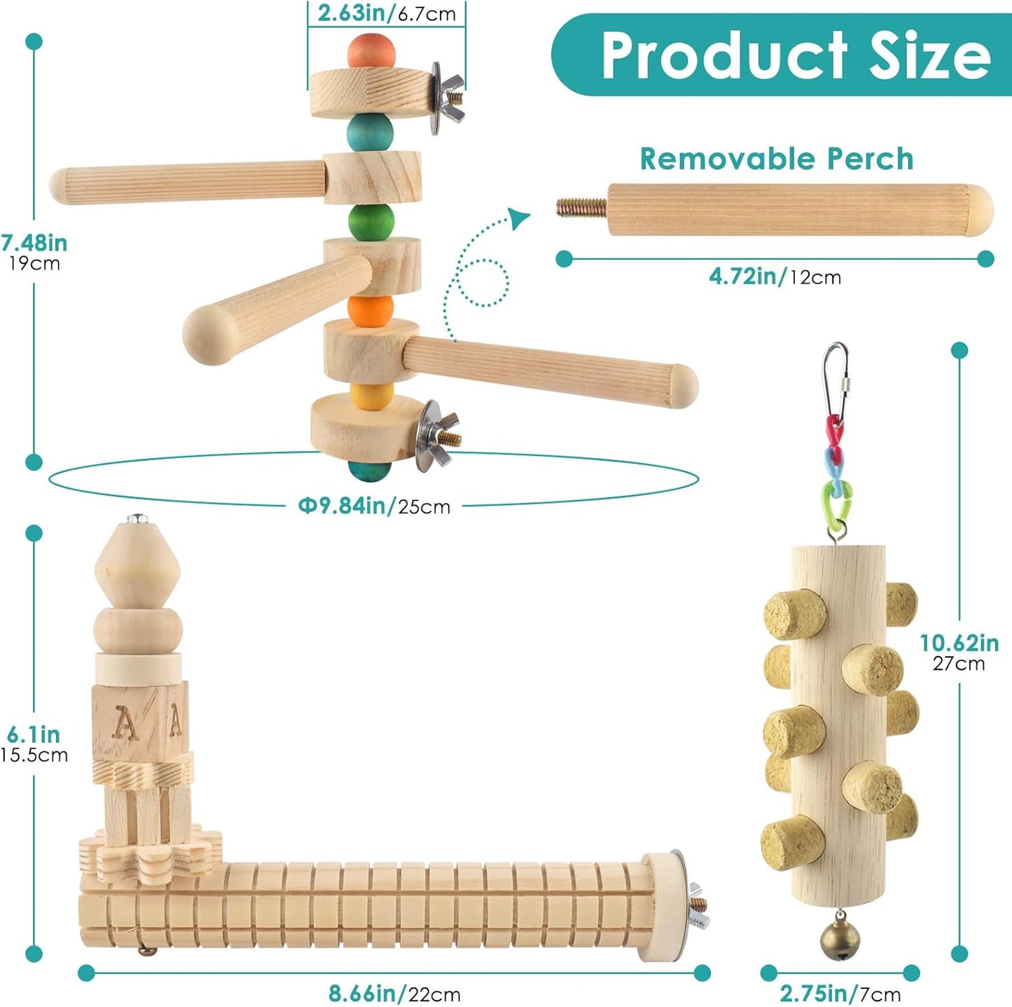 3pcs Natural Wood Bird Chewing Toys, Parrot Rotating Perch Stand, L-Shaped Perches with Chew Block, Hanging Cork Stopper Toys, Bird Cage Accessories for Parakeets Cockatiels Conures Lovebirds