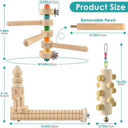 3pcs Natural Wood Bird Chewing Toys, Parrot Rotating Perch Stand, L-Shaped Perches with Chew Block, Hanging Cork Stopper Toys, Bird Cage Accessories for Parakeets Cockatiels Conures Lovebirds