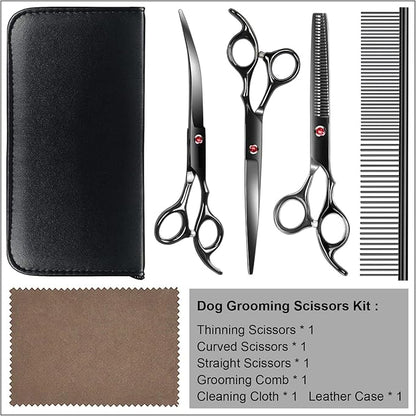Professional Dog Grooming Scissors kit Black 5 in 1, Dog Shears for Grooming 6CR Premium Stainless Steel Grooming Scissors Kit for Dogs Cat Pet
