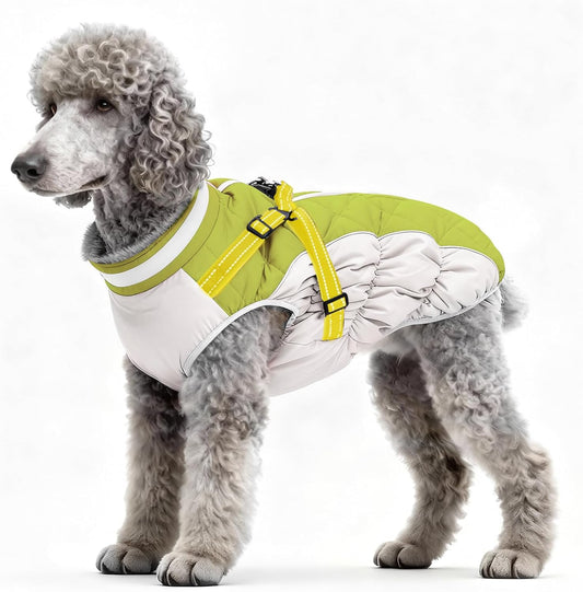 Dog Winter Coat with Harness, Dog Jacket, Pet Clothes with Zipper on Back, Waterproof Windproof Warm Vest, Reflective Cold Weather Coats, for Small Medium Large Dogs, Thick, Green, L