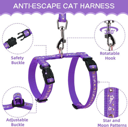 PAWCHIE Cat Harness with Leash and Collar Set - Escape Proof Adjustable H-shped Cat Harness with Star and Moon Pattern Glow in The Dark for Kitty Outdoor Walking, Purple M