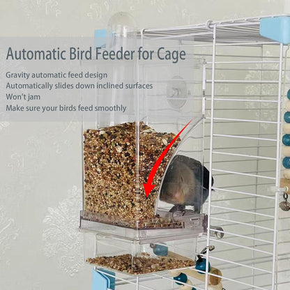 Automatic No Mess Bird Cage Feeder， 2Pack Acrylic Transparent Parrot Seed Feeders with Perch Parakeet Food Container Cage Accessories for Small and Medium Lovebirds Canary Cockatoo Cockatiel Finch