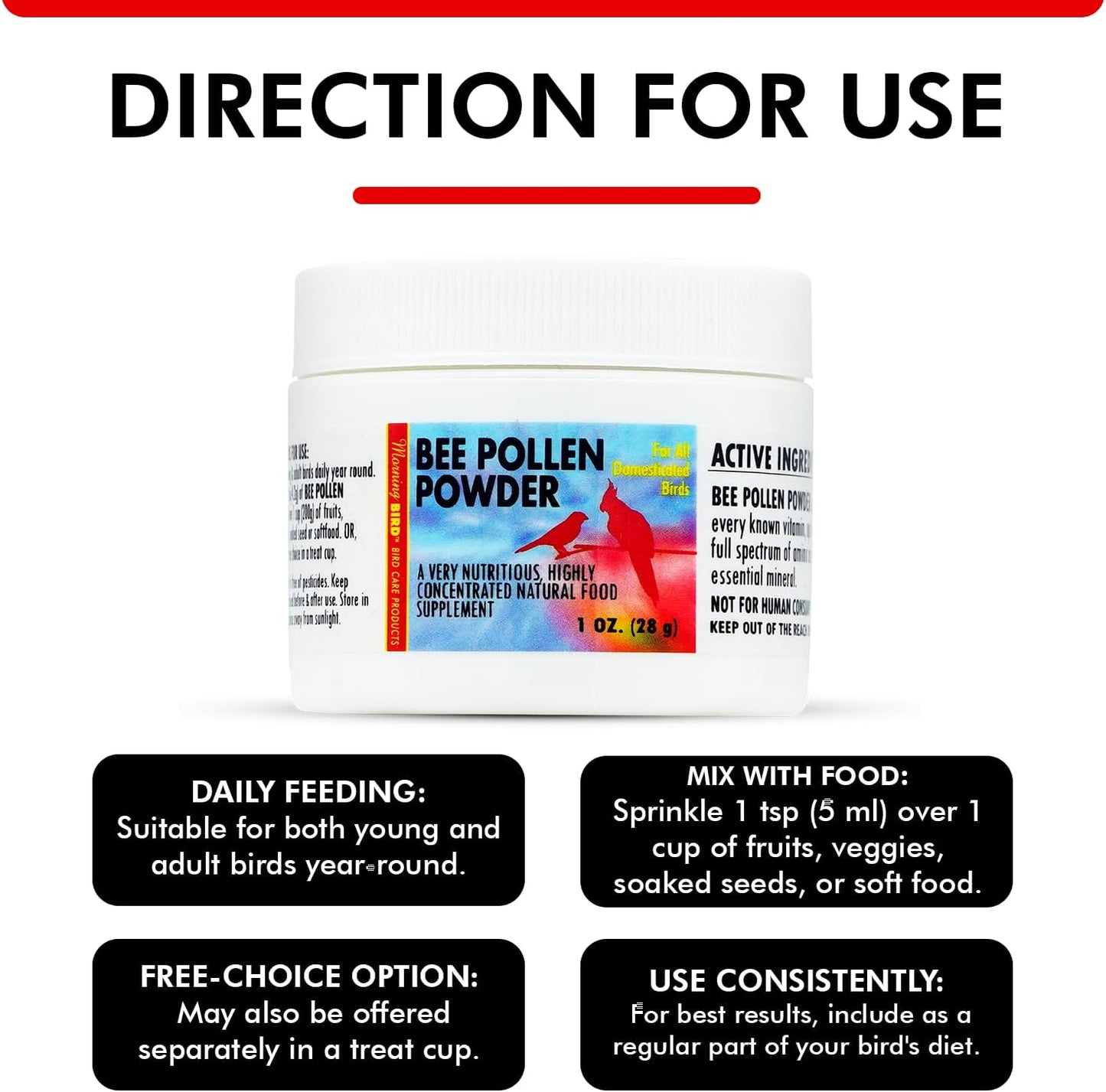 Morning Bird Bee Pollen Powder for Birds 1 Oz – Complete Nutrition with Protein, Amino Acids & Immune Support – Bird Vitamin & Mineral Supplement for Daily Health & Wellness