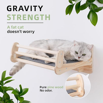 Pine Cat Wall Shelves with Scratch Mat, Wall-Mounted Cat Shelves, Space-Saving Shelf for Cats