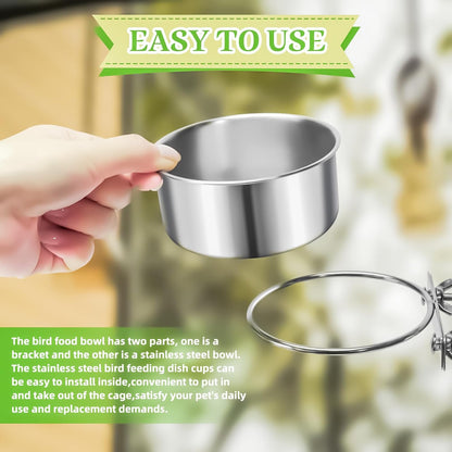 MotBach 2 Pack Bird Feeding Bowls Cups Parrot Food Water Dishes, Stainless Steel Bird Bowl Cup Dish with Clamp, Birdcage Feeder Pet Cage Bowls for Parrot Cockatiel Budgie Conure Parakeet Small Animal