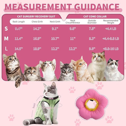 EMUST Cat Recovery Suit and Cone Collar - Cute Surgical Suit for Abdominal Wounds or Skin Diseases, Adjustable Flower Neck Collar Soft for Cats 4-8lb (Green, M)
