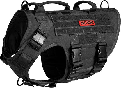 OneTigris Large Tactical Dog Harness, No Pulling Adjustable Dog Vest Harness, Heavy Duty Dog Harness with Handle, Large Hook and Loop Panels for Patch Black