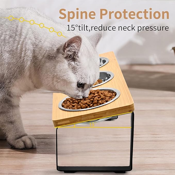 Raised Cat Food Water Bowl，Small Dog 15 ° Tilted Elevated Food Feeding Tray with Three Stainless Steel Bowls to Protect The Spine of Cats and Dogs from Vomiting (Wood Color) (3 Bowls)