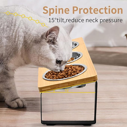 Raised Cat Food Water Bowl，Small Dog 15 ° Tilted Elevated Food Feeding Tray with Three Stainless Steel Bowls to Protect The Spine of Cats and Dogs from Vomiting (Wood Color) (3 Bowls)