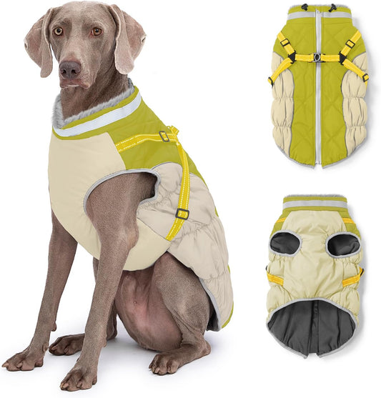 Dog Winter Coat with Harness, Dog Jacket, Pet Clothes with Zipper on Back, Waterproof Windproof Warm Vest, Reflective Cold Weather Coats, for Small Medium Large Dogs, Thick, Green, 3XL