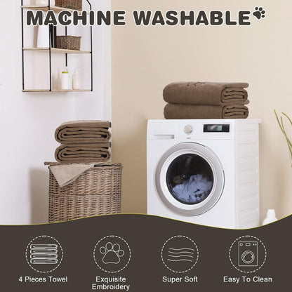Chumia 4 Pack Dog Towels for Drying Large Microfiber Grooming Tools Absorbent Soft Bath Supplies with Embroidered Paw for Small Medium Pet Products(16 x 32 Inch,Brown)