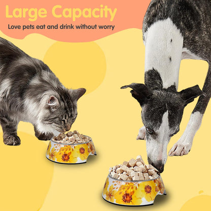 Pet Cats Dogs 2 in 1 Food Water Bowls - Non Slip Skid Proof Heavy Duty Pet Cats Dog Food Water Bowls for Feeding Drinking Small Medium Large Dogs Cats Puppies (Yellow Flower, S:7OZ)