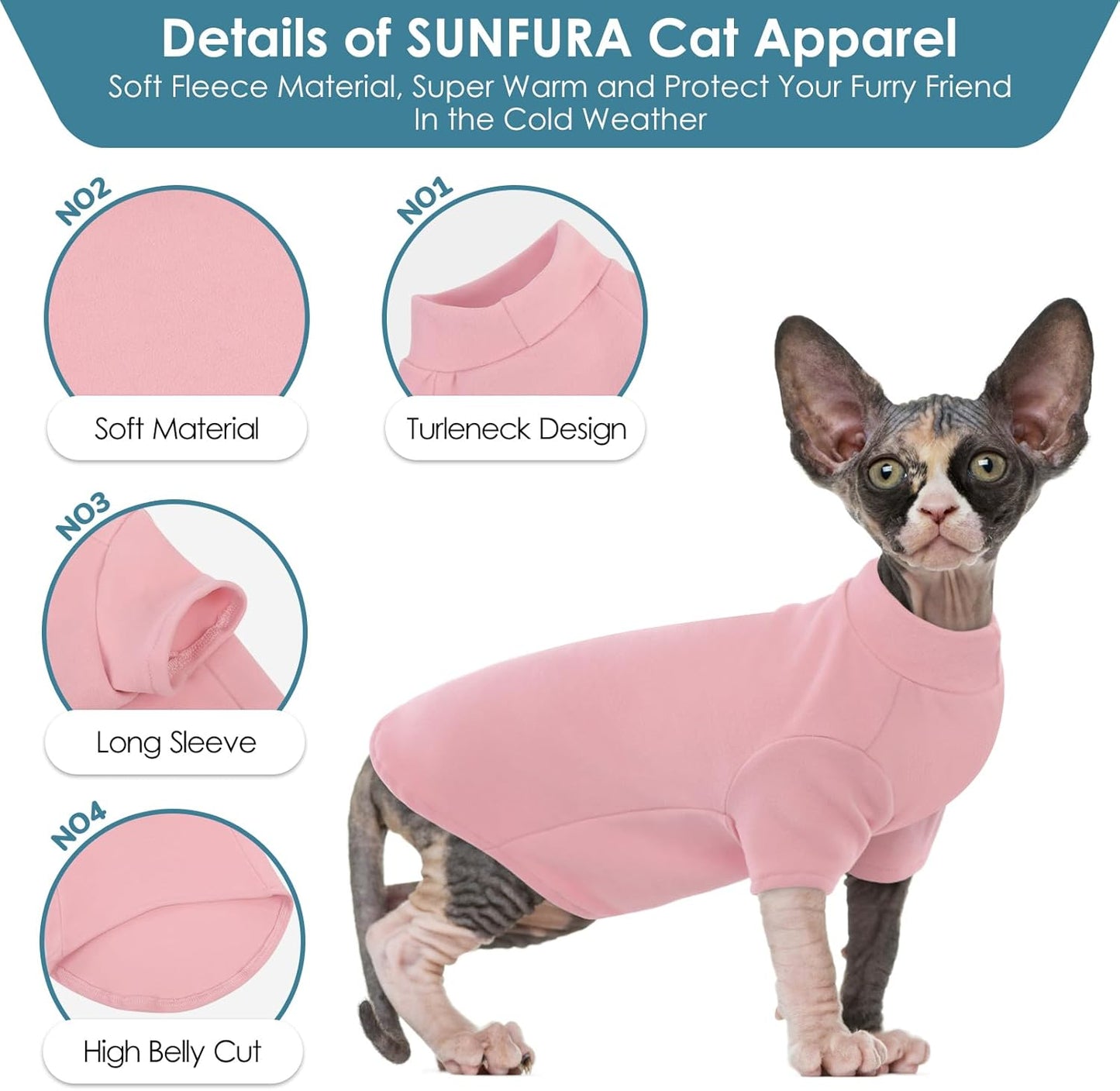 SUNFURA Turtleneck Sweater for Cat, Sphynx Cats Shirt Hairless Cat Sweaters with Sleeves, Warm and Soft Kitten Pullover Fleece Winter Pajamas Jumpsuit for Puppy Cats, Pink XL