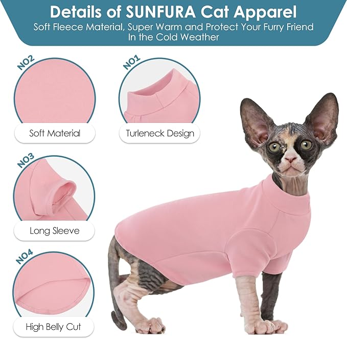 SUNFURA Turtleneck Sweater for Cat, Sphynx Cats Shirt Hairless Cat Sweaters with Sleeves, Warm and Soft Kitten Pullover Fleece Winter Pajamas Jumpsuit for Puppy Cats, Pink S