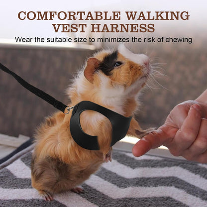 Sugar Gilder Harness and Leash, 3 Pack Small Animal Walking Training Vest Accessories for Hamster Squirrel Rabbit Reptile (Black)