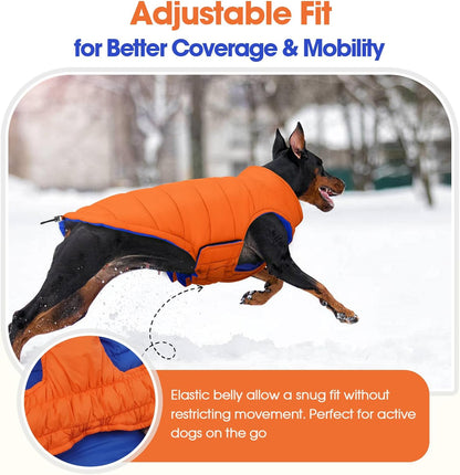 QBLEEV Reversible Dog Coat for Large Dogs, Waterproof Windproof Winter Jacket Keeps Big Breeds Warm & Dry, Adjustable Hook & Loop Puffer Vest, Orange, 3XL – Fits Labrador, Weimaraner, Great Dane