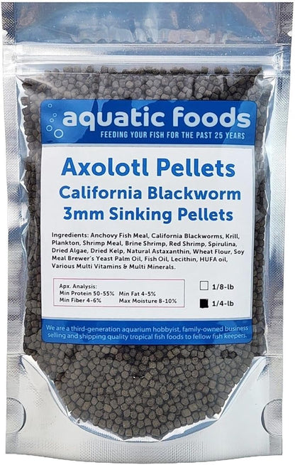 Aquatic Foods Inc. Axolotl Blackworm Pellets. 3mm-1/8 Sinking California Blackworm Medium Pellets for Medium/Large Axolotl, Frogs, Shrimp, Salamanders, Newts, Snails…1/4-lb Pouch Bag