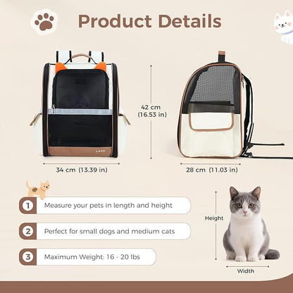 Lekereise Ventilated Cat Backpack Carrier, Pet Carrier Backpack Airline Approved for Small Dogs Medium Cats Fit Up to 18 Lbs, Dogs Foldable Backpack Carrier for Travel, Hiking, Beige-Orange Ears