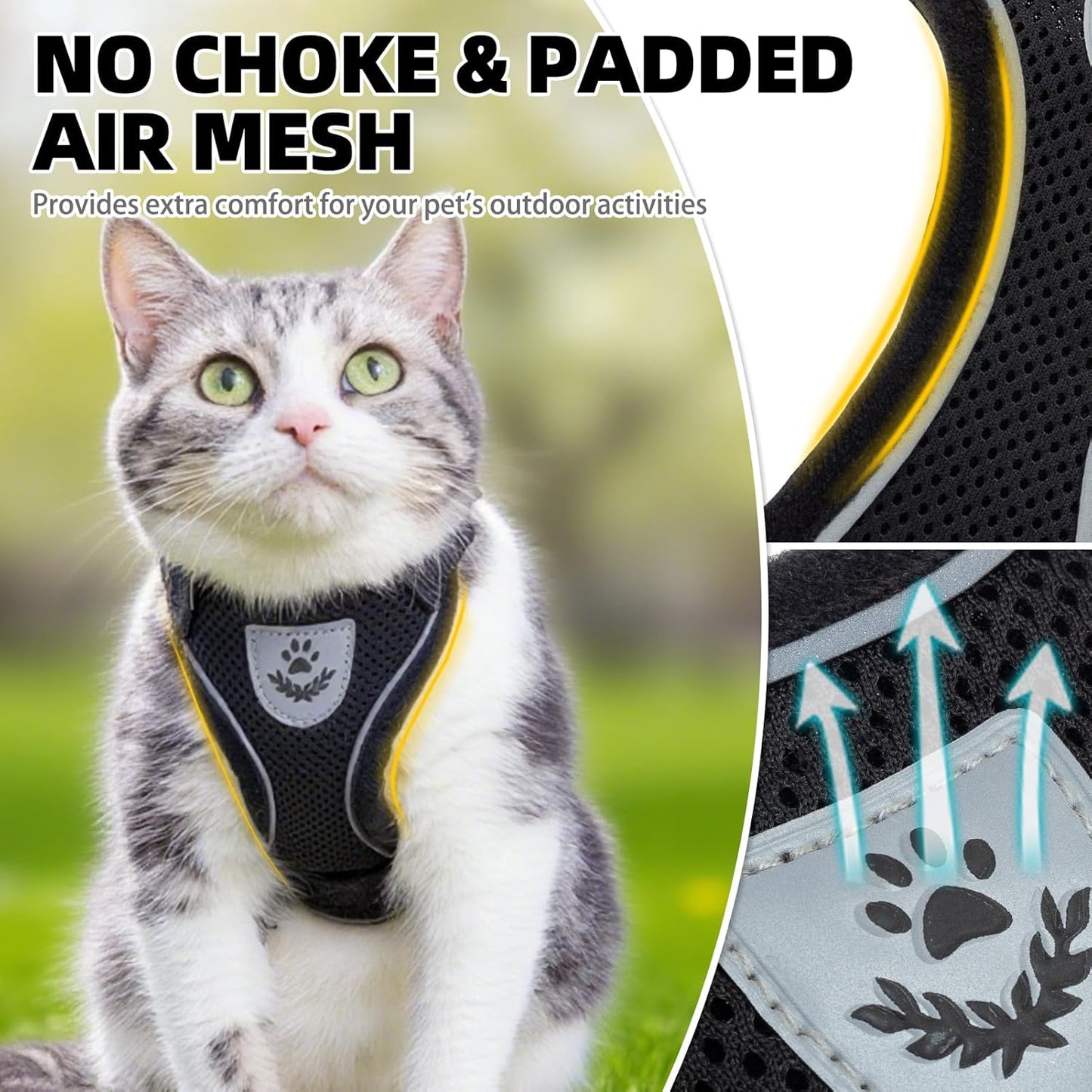 PUPTECK Cat Harness and Leash Set Escape Proof Reflective Cat Walking Harness Adjustable Soft Breathable Mesh Vest for Small Pets, Black, M