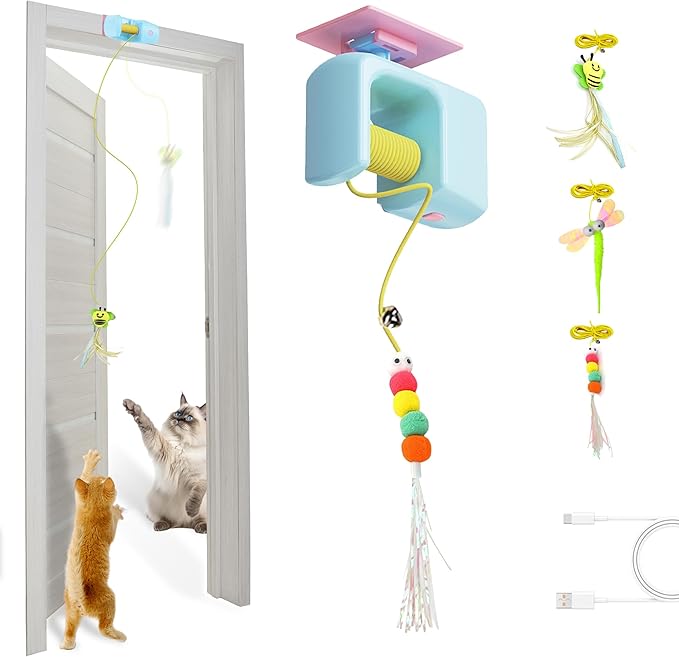 Interactive Hanging Cat Retractable String Toys for Indoor Kittens and Bored Adult Cats with 3 Flying Feathers, Automatic Electric Teaser for Enrichment and Chase, Rechargeable, Blue