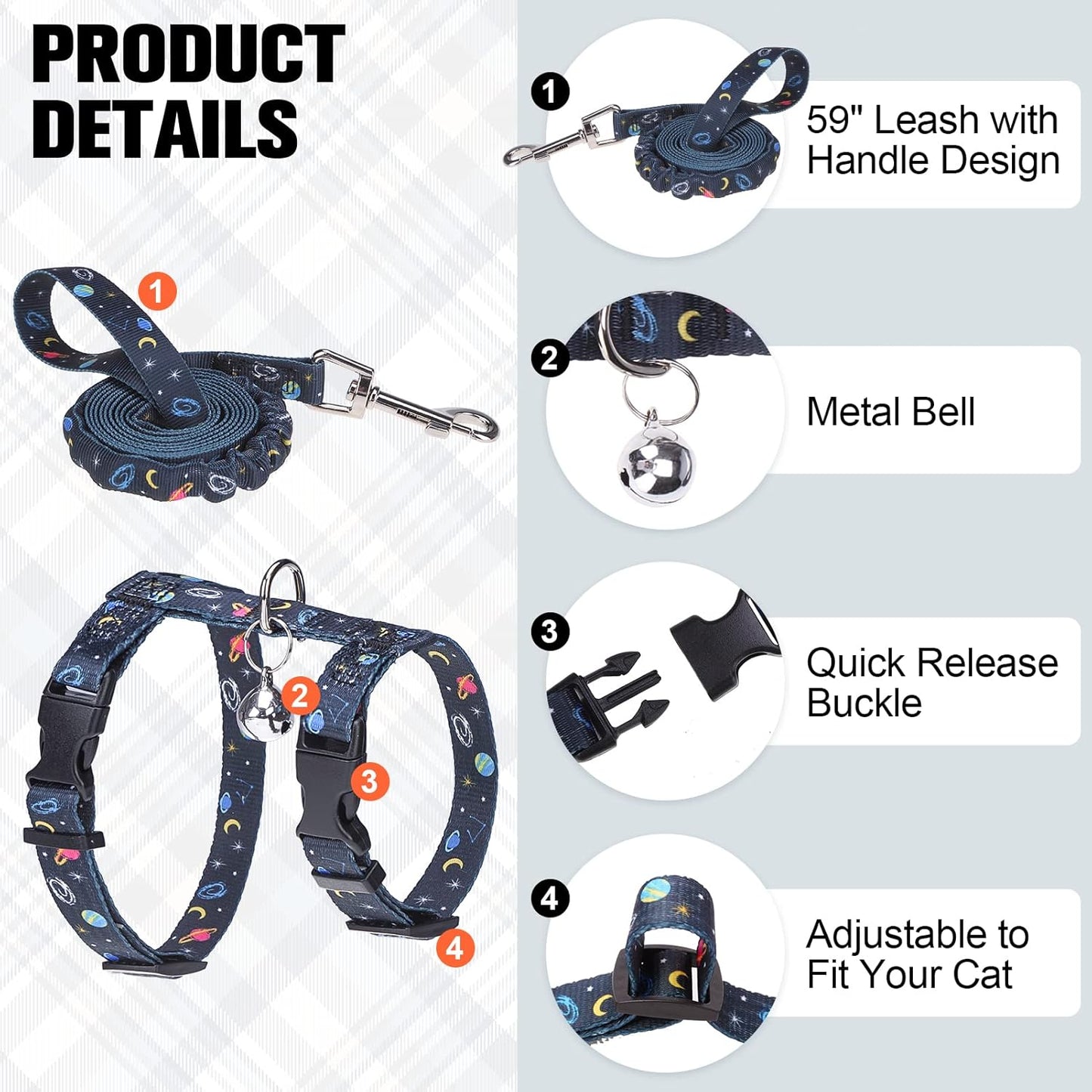 BEAUTYZOO Cat Harness and Leash Set Escape Proof for Walking, Kitten Soft Adjustable Vest Harnesses for Small Medium Large Cats, Easy Control Breathable Plaid Ribbon Nylon for Outdoor Indoor Use