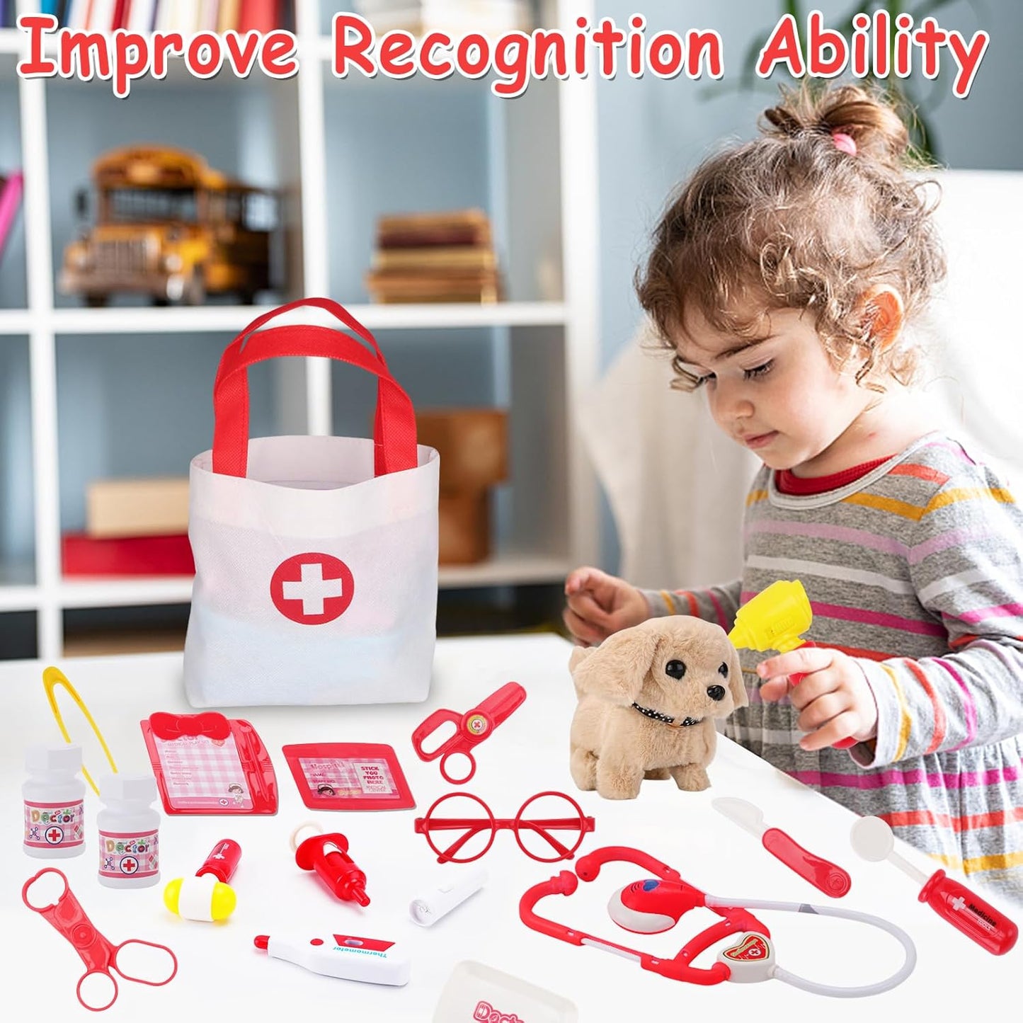 TEUVO Toy Doctor Kit for Girls - Pretend Play Doctor Sets with Dog Toy, Carrying Bag, Stethoscope Toy & Dress Up Costume - Doctor Play Gifts for Kids Toddlers Ages 1 2 3 4 5 6 7 Year Old for Role Play