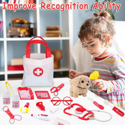 TEUVO Toy Doctor Kit for Girls - Pretend Play Doctor Sets with Dog Toy, Carrying Bag, Stethoscope Toy & Dress Up Costume - Doctor Play Gifts for Kids Toddlers Ages 1 2 3 4 5 6 7 Year Old for Role Play