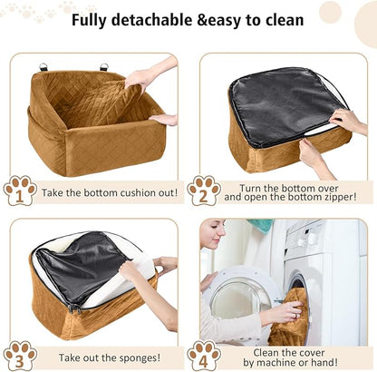 Dog Car Seat for Small Medium Dogs,Detachable Washable Dog Booster Seat Under 30lbs,Pet Car Seat Travel Bed with Storage Pockets and Dog Safety Belt（Brown