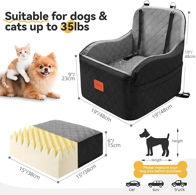 Dog Car Seat for Small & Medium Dogs, Detachable & Washable Booster Seat for Pets Up to 35lbs, Pet Travel Bed with Storage Pockets and Safety Belt (Black/Grey, Medium)
