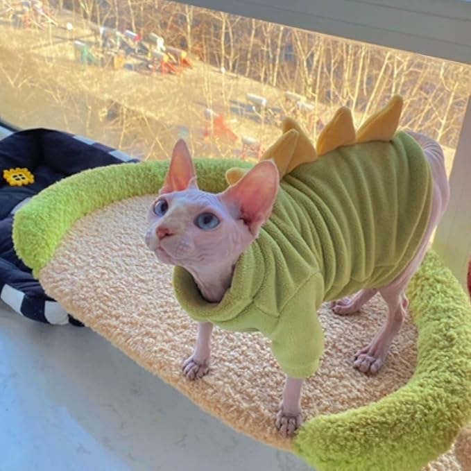 Dinosaur Sphynx Cat Clothes, Soft Polar Fleece Sweater for Cat, Elastic Pet Clothes Thick Winter Warm Outfit for Hairless Cat, Devon, Cornish, Small Dogs Apparel with Sleeves (Green, Large)