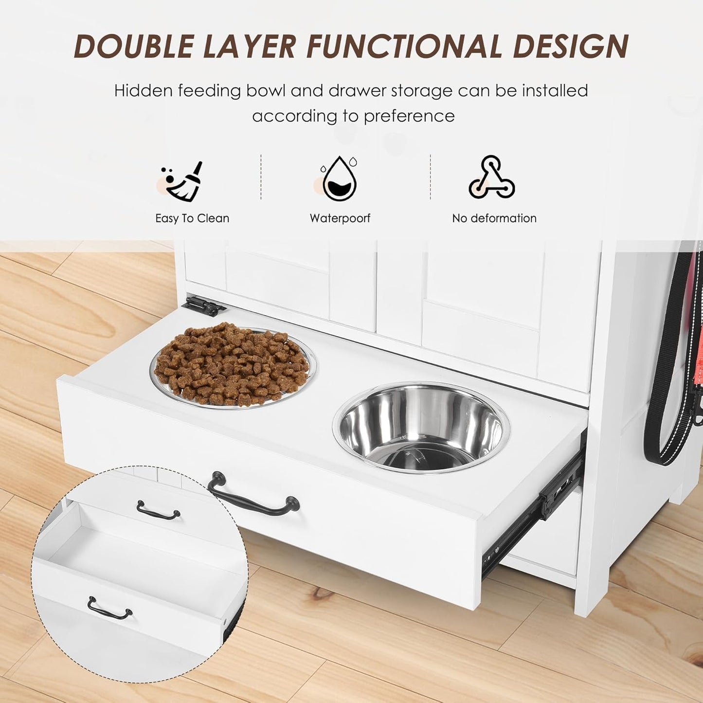 ZMAD Dog Feeding Station with Storage Cabinet and Double Door Locker with 2 Adjustable Dog Bowls, Hidden Pet Feeder Station Wood, Cat Food Storage Cabinet