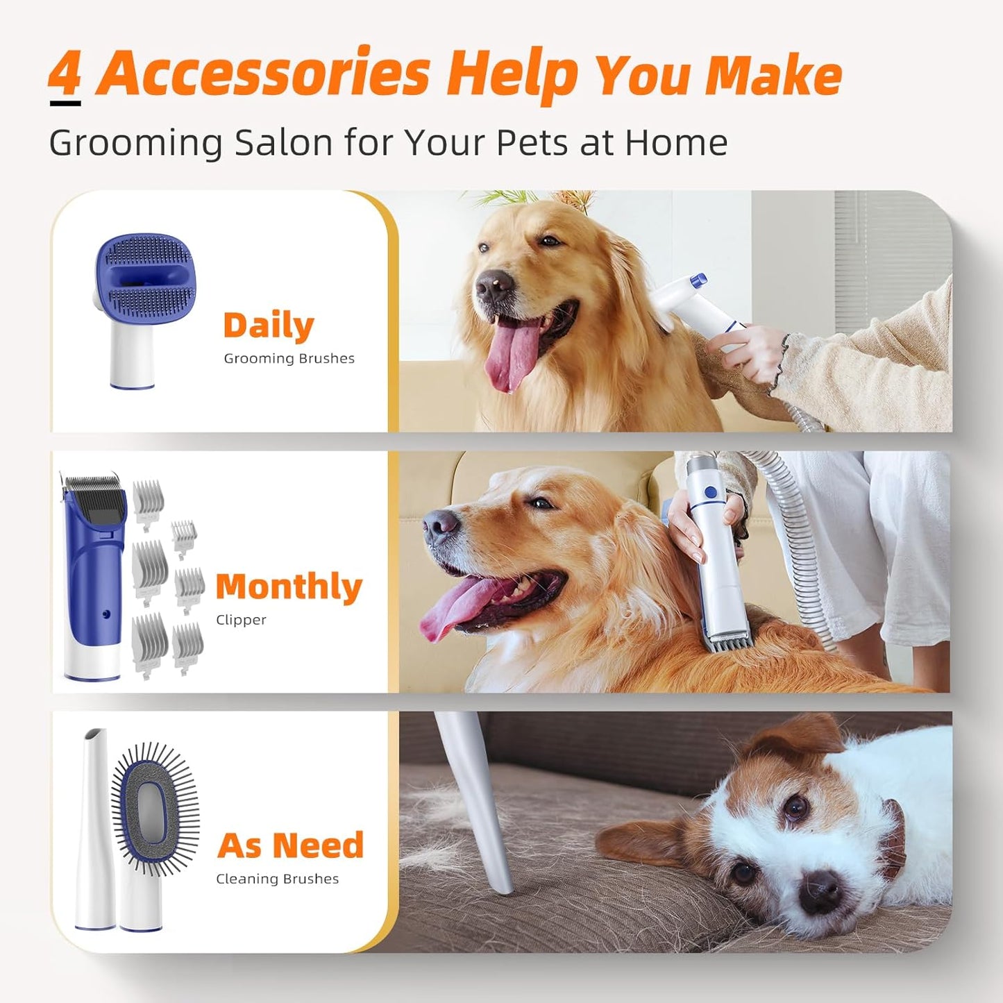 Dog Grooming Kit with Vacuum, All-in-One Pet Grooming Vacuum for Dogs and Cats, Low Noise Pet Hair Clipper & Shedding Brush, Dog Hair Remover, Cat Pet Groomer Set with Cleaning Brushes, White