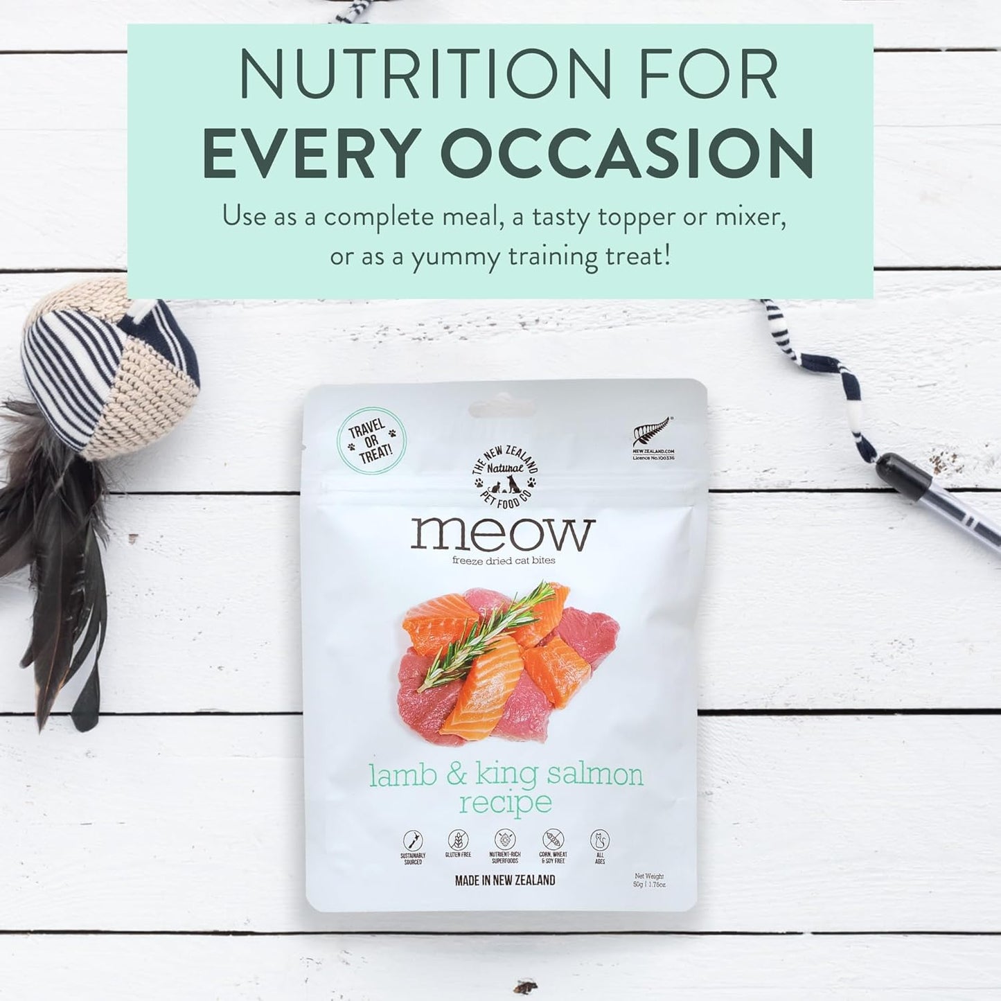 The New Zealand Natural Pet Food Co Meow Freeze Dried Cat Food - Lamb & King Salmon Recipe,High Protein Treats,Meals & Toppers,Dry Food,1.76oz