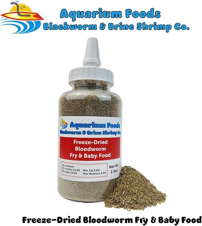 Aquatic Foods Inc. Freeze-Dried Bloodworm Powder & Particles for Tropical Fish Fry, Babies, Guppies, Tetras, Bettas, Nano Fish…2.5oz Squeeze Bottle