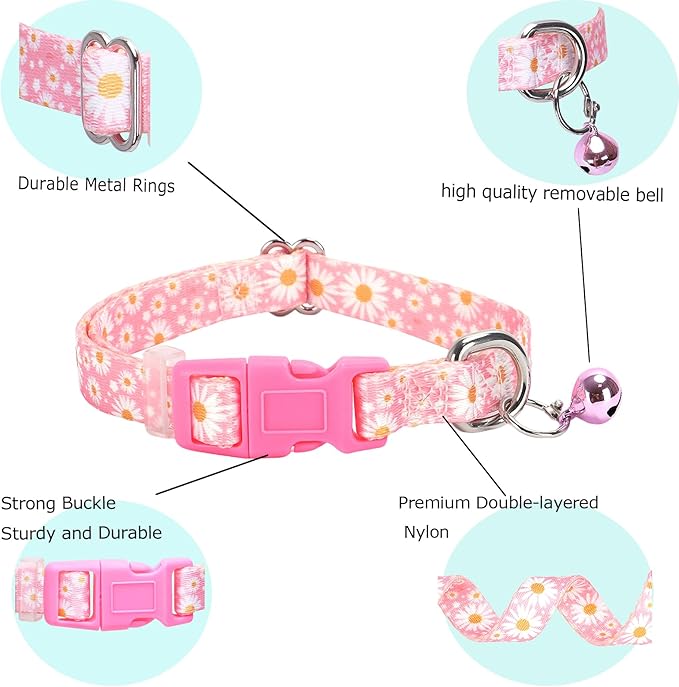 Pink Puppy Collar with Bell, Pretty Floral Daisy Girl Cat Collar Flower Tiny Dog Collars with Bells for XS Small Pet Female Dogs Kitten Little Animal, XSmall