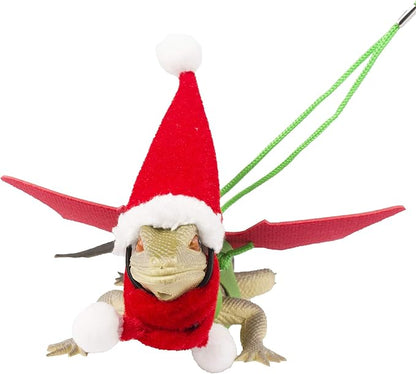 ADOGGYGO Christmas Bearded Dragon Santa Hat Scarf Lizard Leash Harness Set - Lizard Xmas Costume Scarf and Hat + 3 Pack Bearded Dragon Harness Leash for Reptile