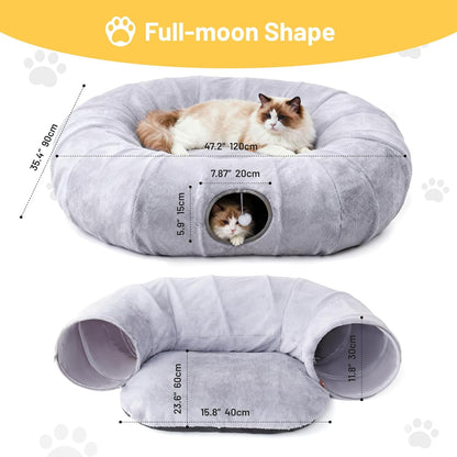 Luxury Plush Cat Tunnel Bed, White Faux Fur, Large Indoor Cat Hideaway, Cozy Sleeping Cave