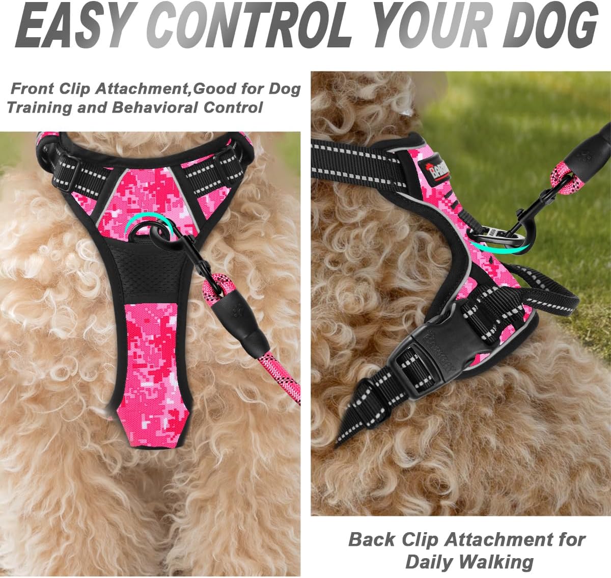BARKBAY No Pull Dog Harness Front Clip Heavy Duty Reflective Easy Control Handle for Large Dog Walking(Pink camo,XS)